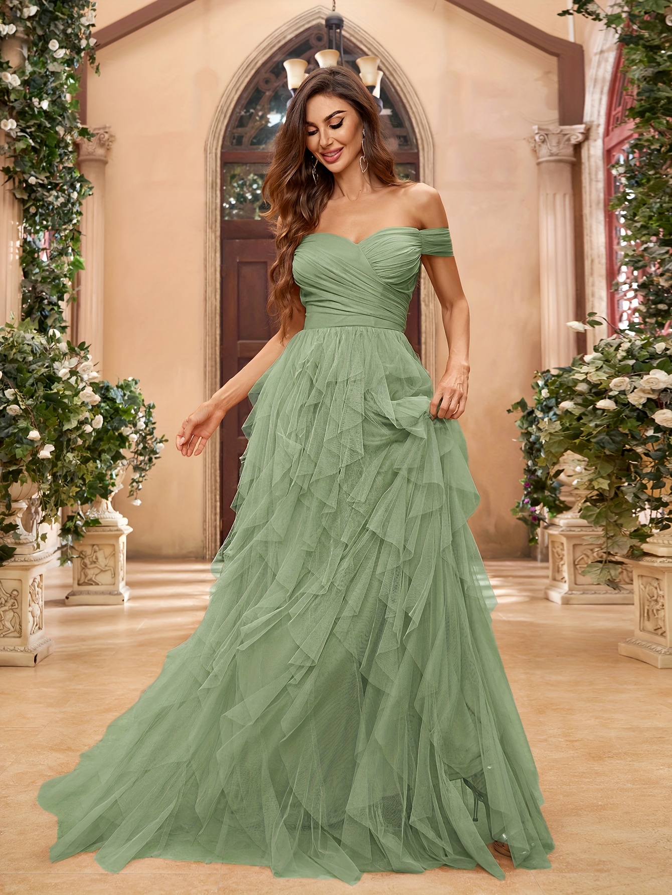 womens elegant shoulder one shoulder long formal dress net - Temu United  Kingdom