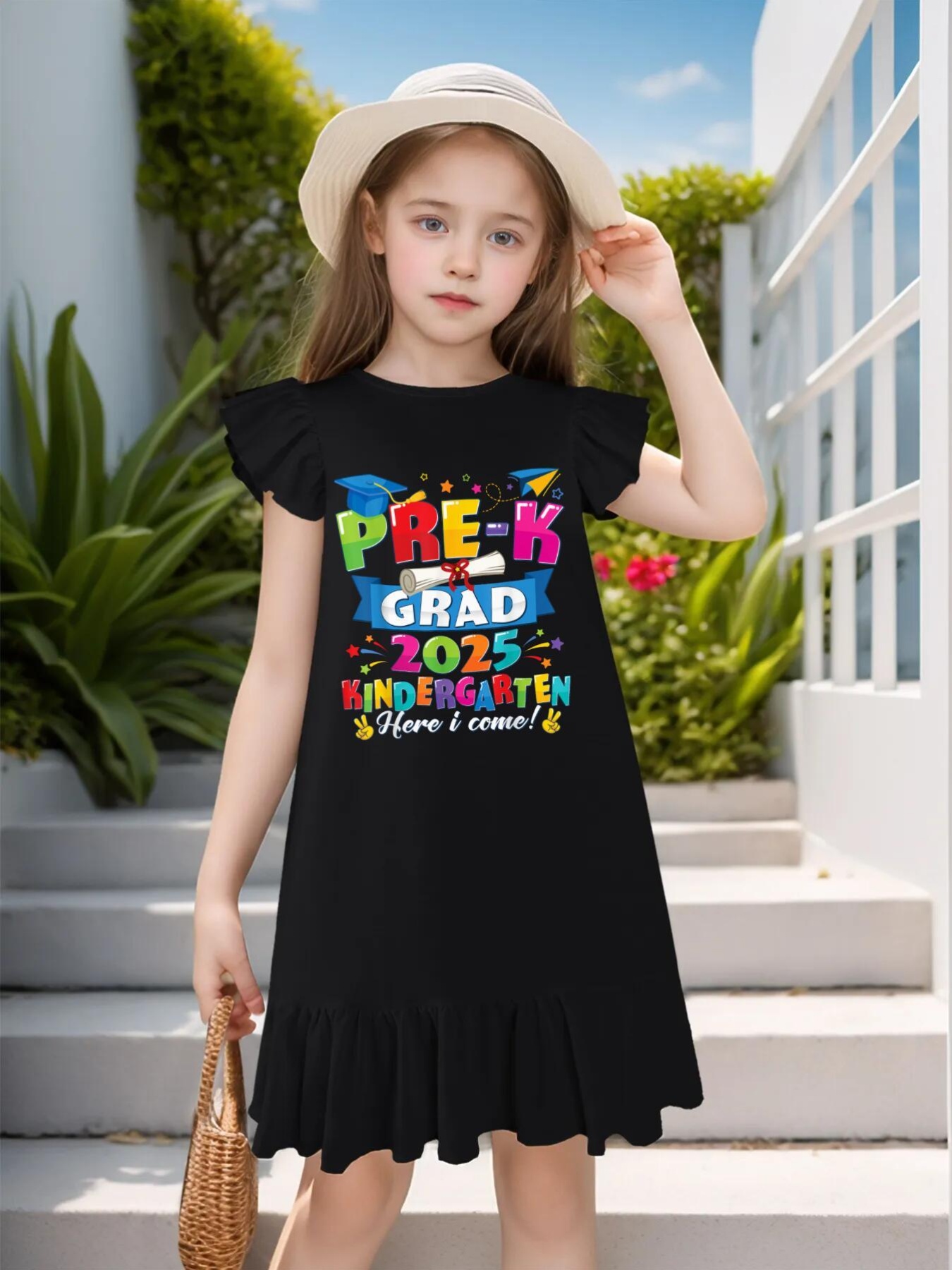 2025 kindergarten graduation dress for - flutter sleeve graduate dress with  flower print & applique, sleeveless or with flutter sleeves, spring/summer  outfit for (machine washable) | High-quality & Affordable | Temu