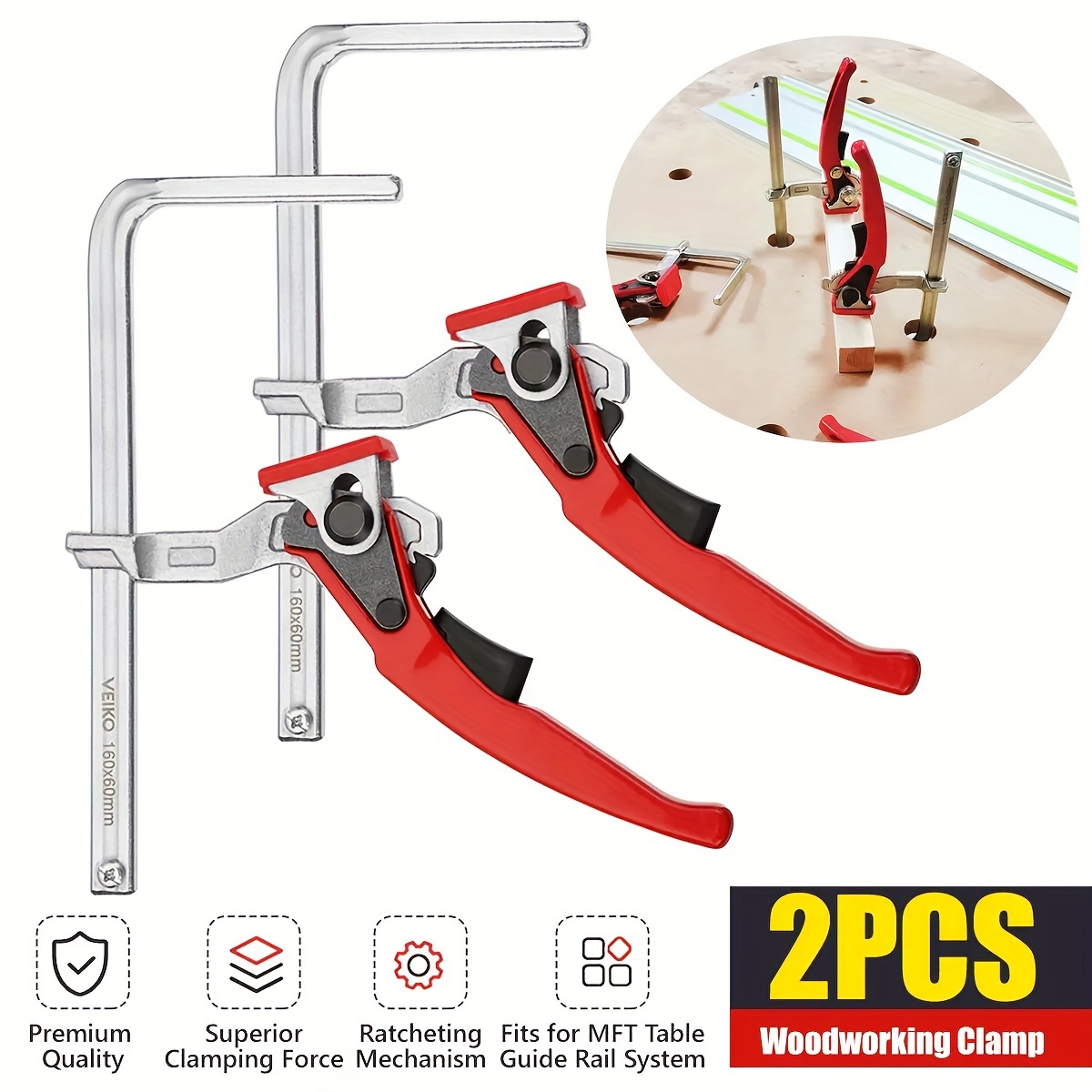 

2pcs Alloy Steel Ratchet Track Saw Rail Clamp Mft Clamp For Mft Table And Woodworking Clamp, Clamping Range 160x60mm