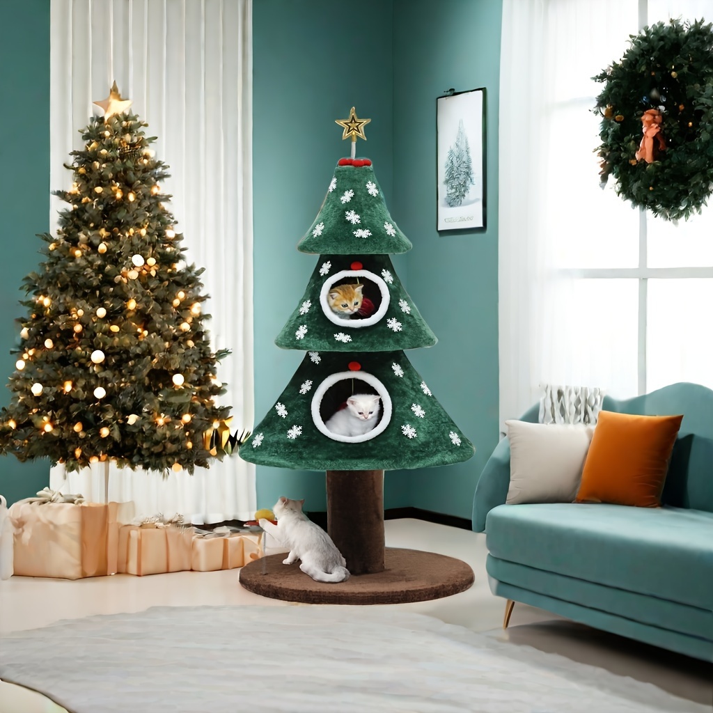 2 tier   with plush ball star festive green   cat house toy for indoor cats   holiday decor indoor cat furniture festive cat tree star topped tree cat toys 10