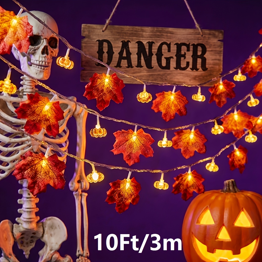 TEMU Guirlande Lumineuse LED 10Ft/ Feuilles d'érable et citrouilles 3D, Halloween/Noël/Automne, Rampe d'escalier//Fête | Cadeaux d'Halloween
