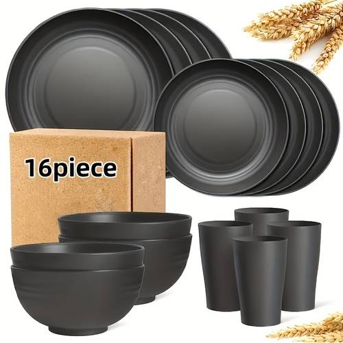16 32pcs kitchen set made from plastic wheat straw suitable for 4 8 people plates dessert plates cereal bowls and cups this durable outdoor camping tableware is perfect for family and birthday celebrations