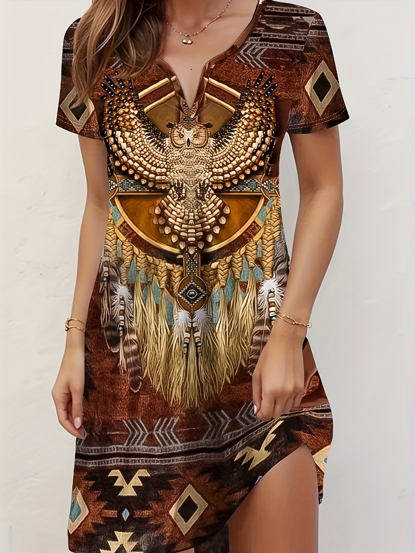 ethnic print notched neck dress short sleeve - Temu Slovakia
