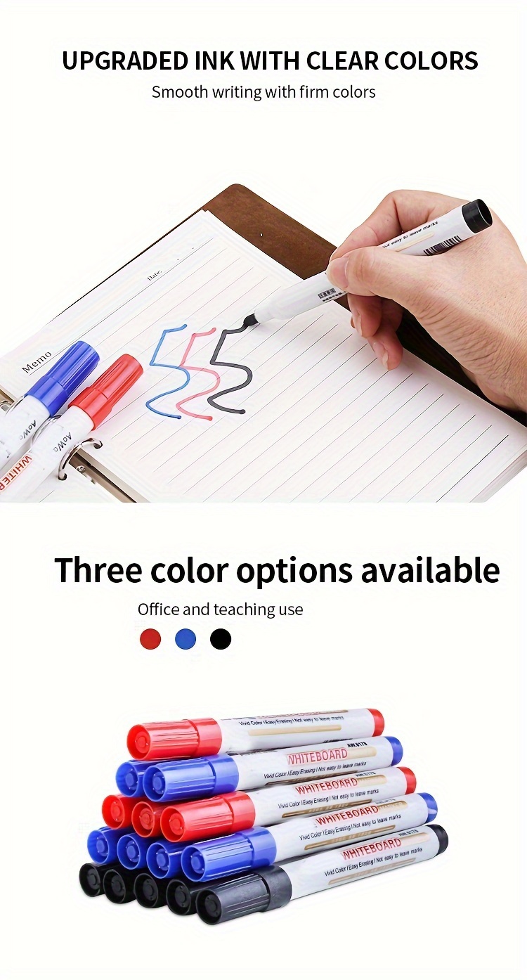 Whiteboard Markers Set of 10 - Medium Point Dry Erase & Wet Erase Markers, Long-Lasting, Easy Erase, Perfect for Teachers and Classrooms - Black, Red & Blue Colors Available