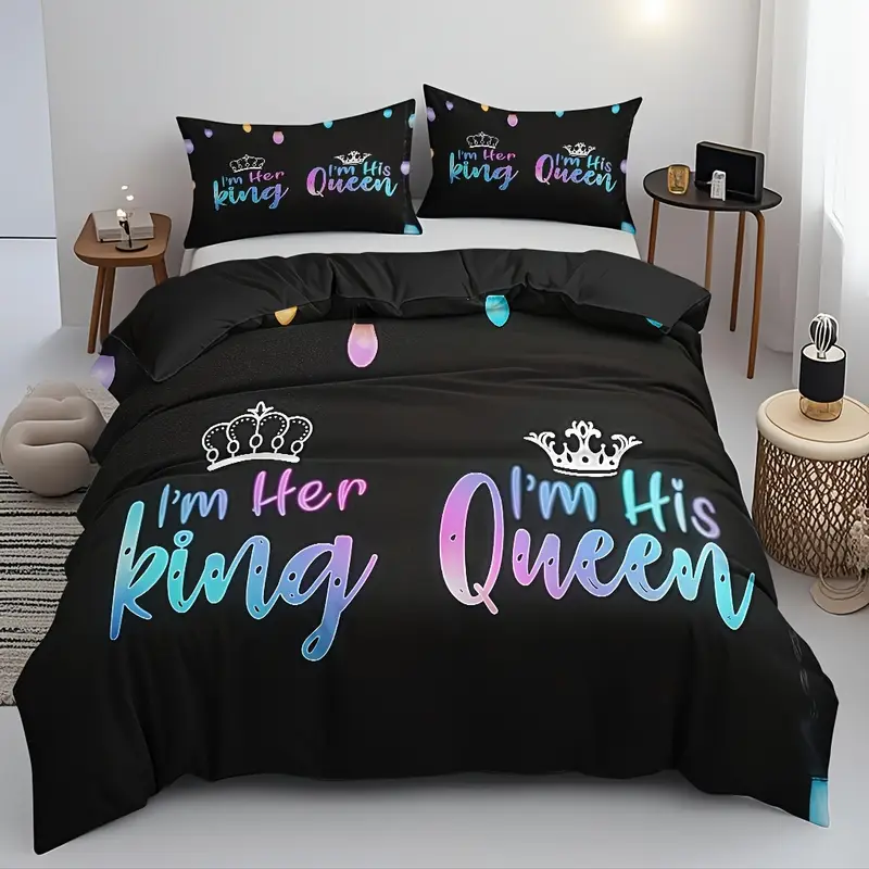 3pcs couple duvet cover set soft high definition black with colorful text breathable polyester perfect gift for machine washable 1 duvet cover 2 pillowcases no insert Product details 6