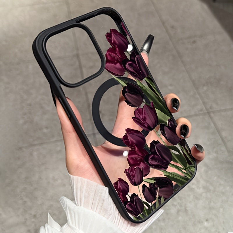 TEMU Phone Case - 1pc Fashion Retro Dark Purple Tulip Pattern Transparent Backplate -feel Phone Case, Easy Full-coverage Anti-drop Protective Cover