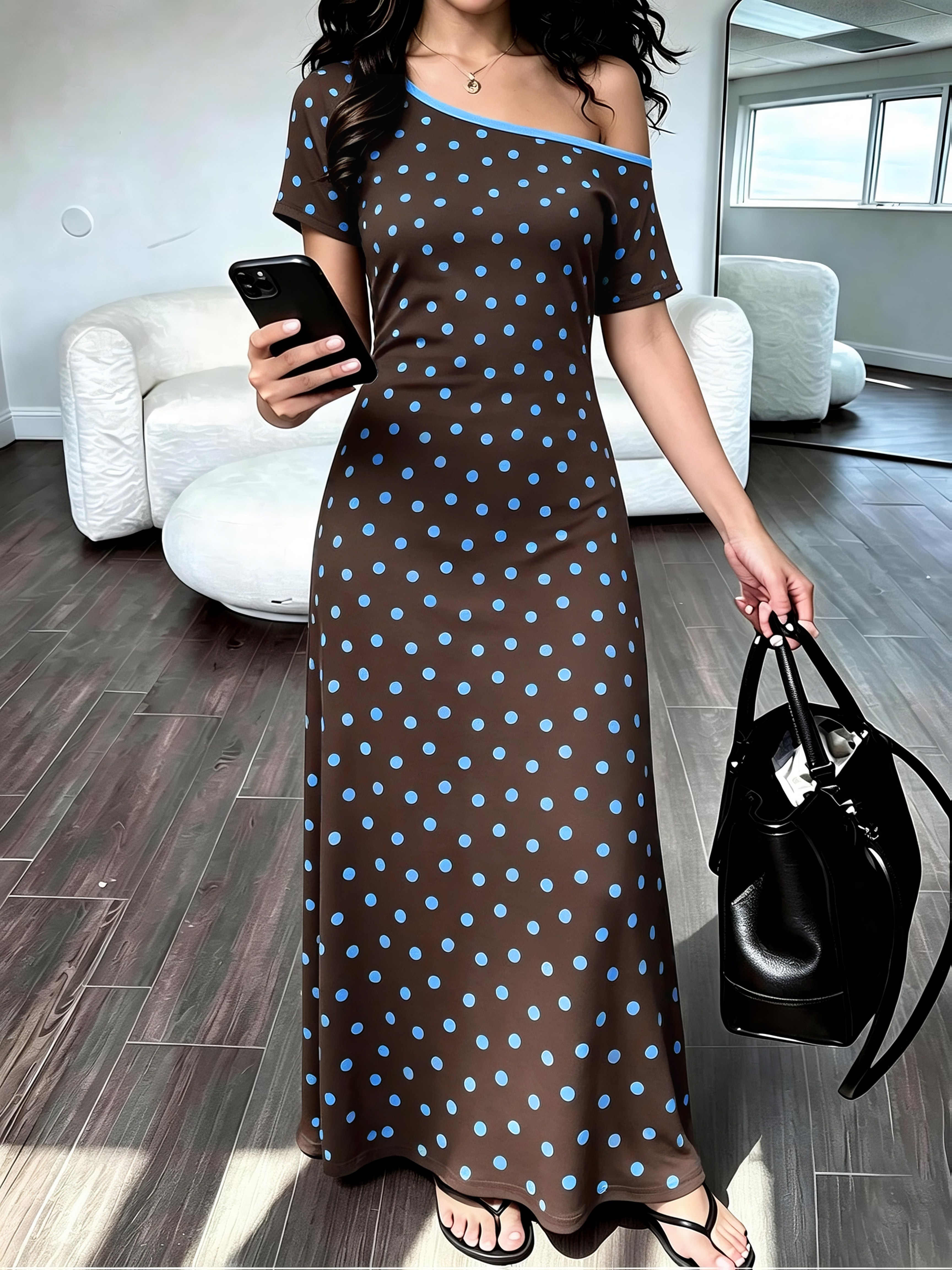 Off-Shoulder Polka Dot Long Dress