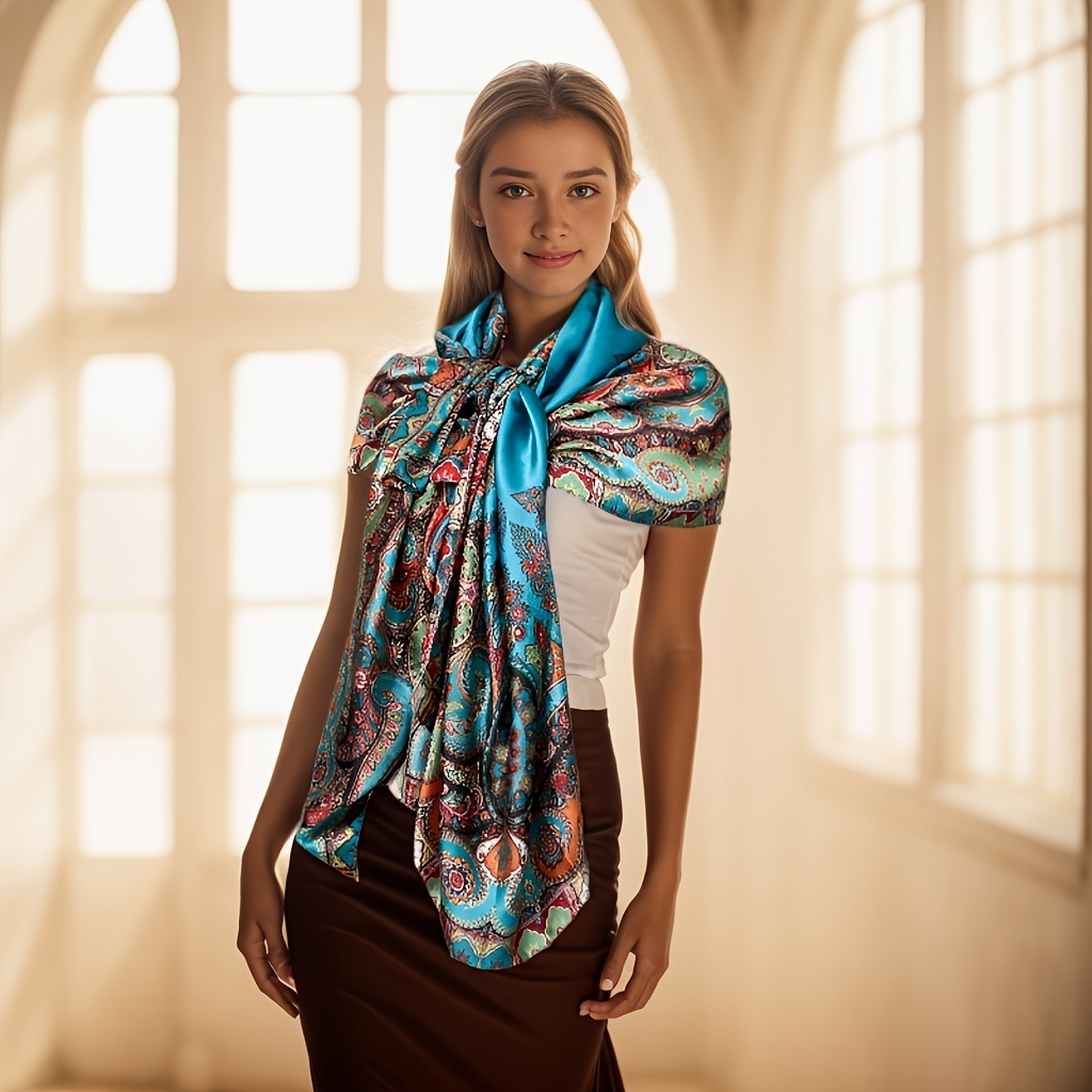 E-shop Hochwertiger Damen Schal aus Satin mit -Blumenmuster im Vintage-Stil, dünn, warm, lang, vielseitig, dekorativ, winddicht, Sonnenschutz,