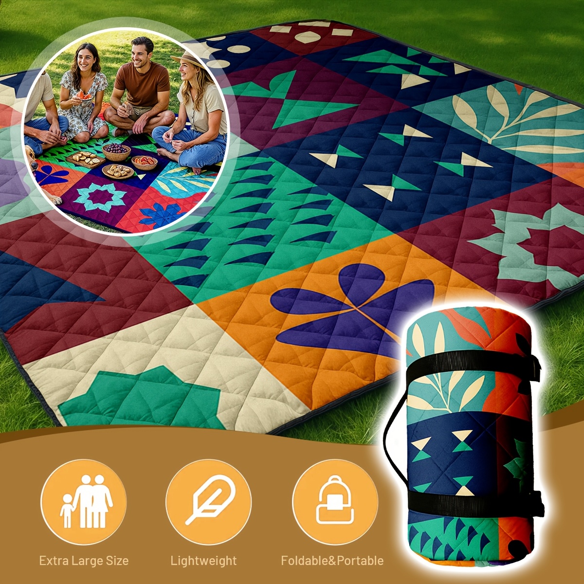 [Picnic Mat] Extra Large Thickened Picnic Mat for 4-8 People - Heavy-Duty 3-Layer Padded Cushioned Base, Non-Slip Foldable Outdoor Blanket with Carry Strap, Large 80x80 Inch Party Mat for Camping, Beach, BBQ, Family Gatherings - All-Season Portable Backyard Decorations, Picnic Table Cover, Camping Accessory, Durable Polyester, Group Outings