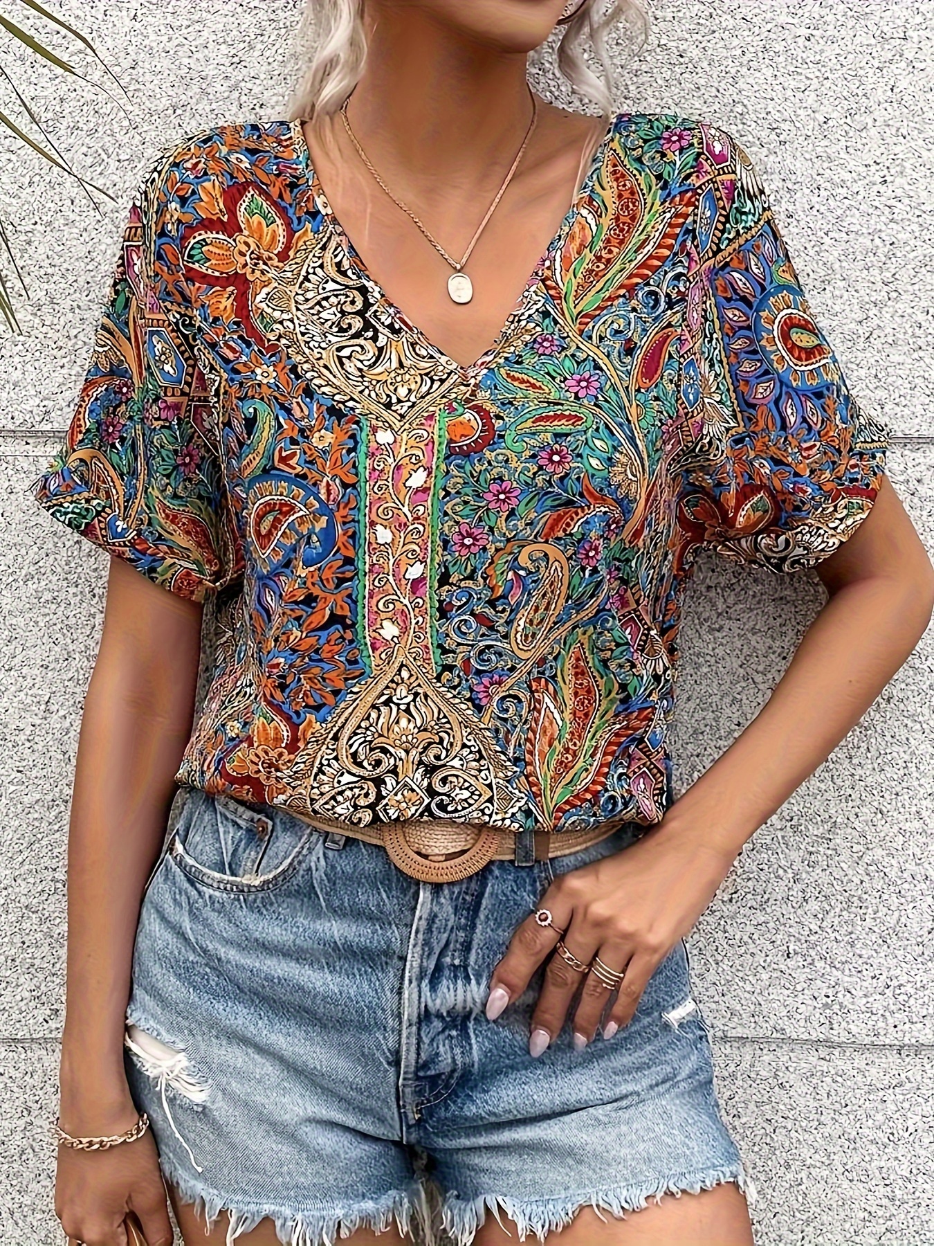 paisley print v neck loose blouse vintage short sleeve blouse for spring summer womens clothing