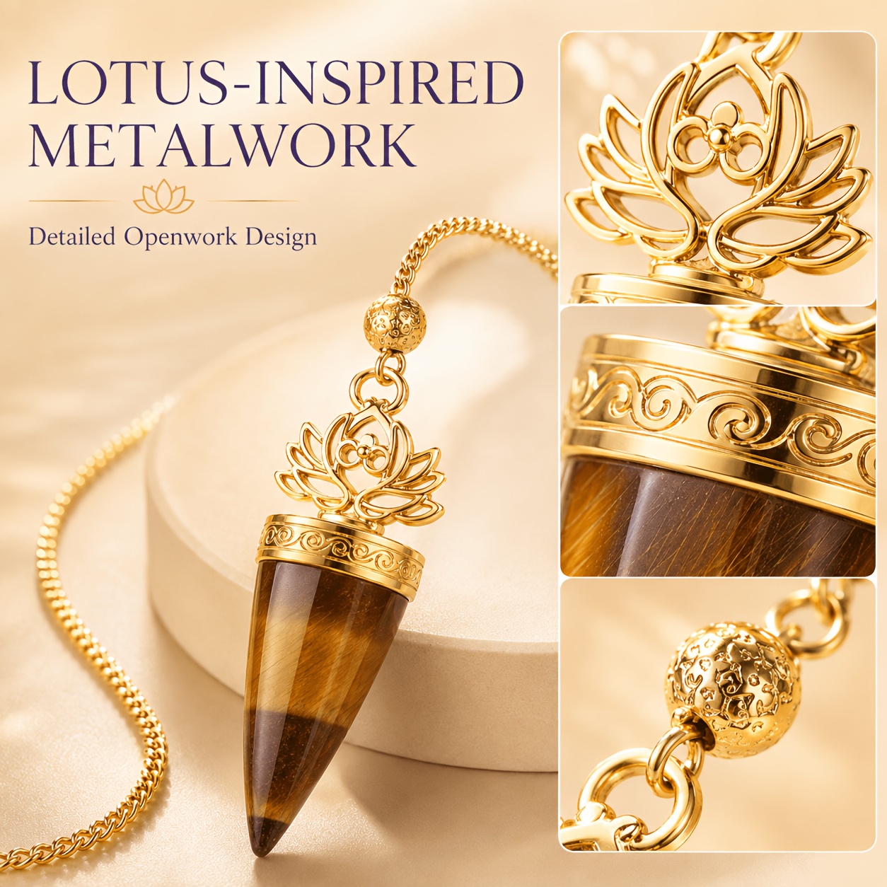 Bohemian Crystal Golden-Tone Lotus Cone Pendant with Chain