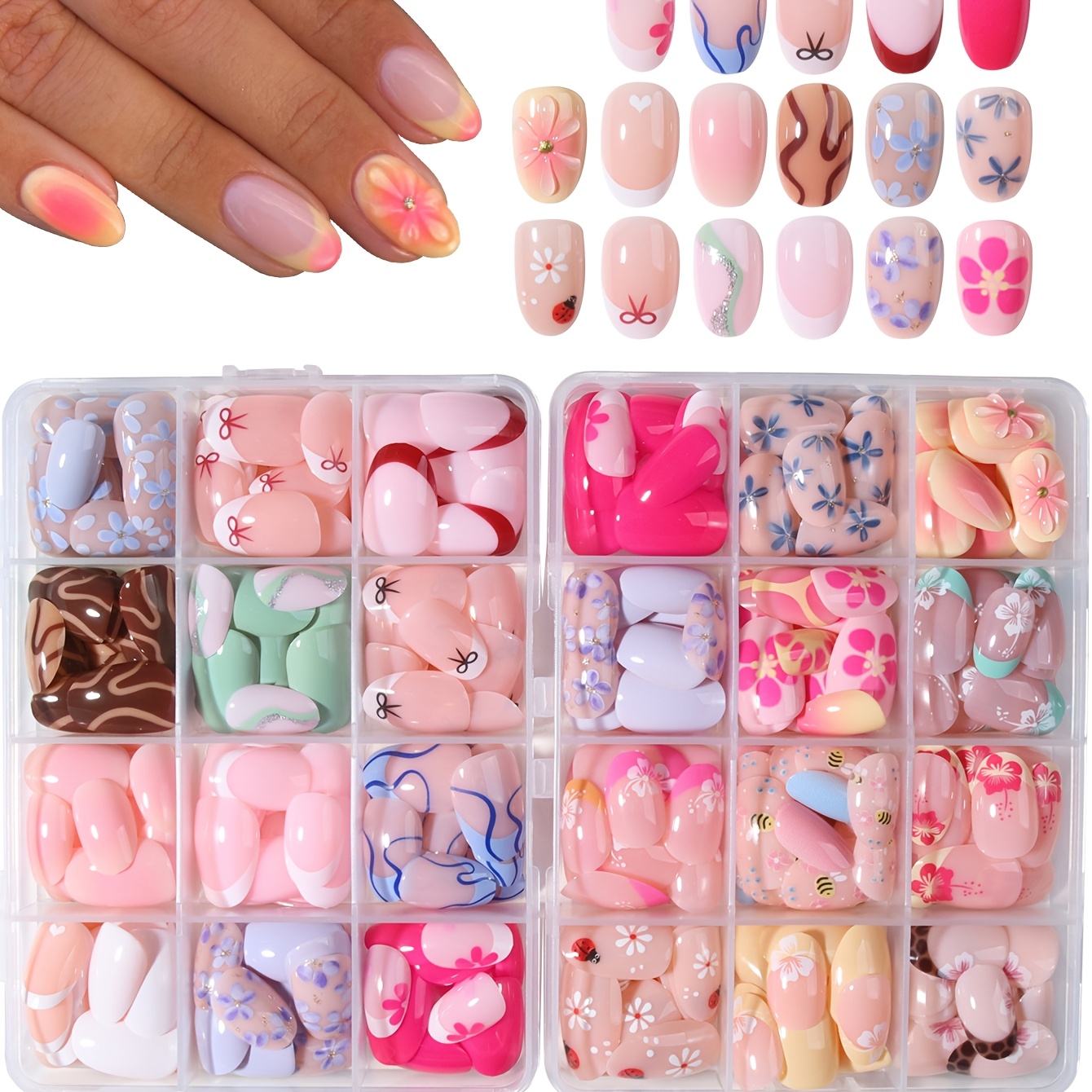 TEMU 576pcs Short Square Press On Nails Set, Styles With Floral, Bow, Marble & Gradient Prints, , Tones, Glossy Fake Nails, Reusable Nail Tips For