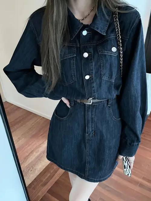 어두운 워시 블루 긴팔 플레인 레트로 스타일 단일 breasted 데님 드레스, 여성 데님 청바지 및 의류