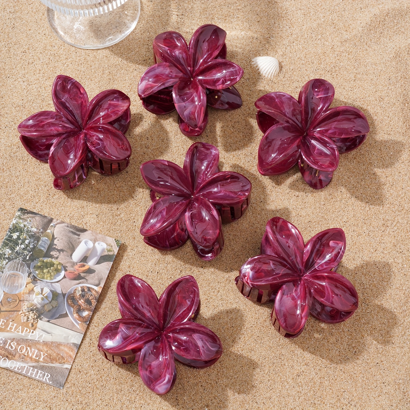 TEMU Set Of 6 Elegant Wine Red Floral Hair Clips, Bohemian Style Fashionable Updo Hairpins, Suitable For Women To Wear At Beach Vacations And Ball