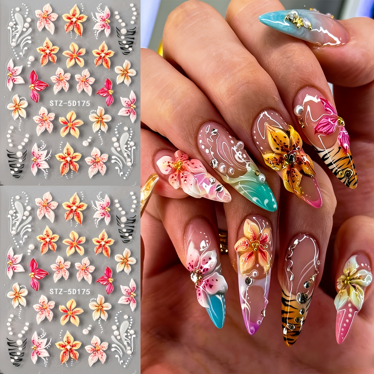 5d Embossed Self Adhesive Flower Nail Stickers, Lily Hibiscus Floral Decals With Black White Zebra Striped Patterns & Colorful Flower Charms For Vacation Nail Art & Diy Manicure