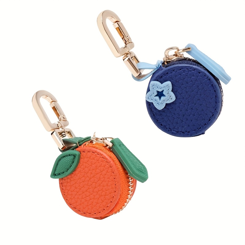 minimalist fresh fruit keychain, mini coin purse with keyring,   fiber blueberry & orange charm, high quality zipper closure  , cute  , bluetooth headphone   pouch, women s holiday gift, delicate accessory 0