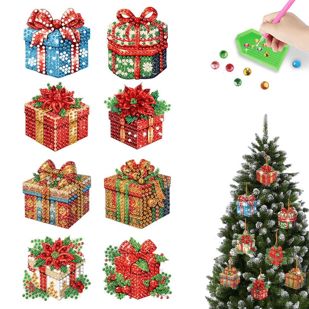 TEMU Set da 8 pezzi, Scatola regalo natalizia, Ornamento decorativo da appendere Art, Kit fai da te 5D per principianti, Ciondoli con acriliche per