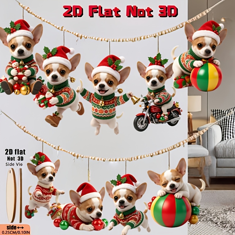 TEMU 2d Flat, 9pcs Cute Various Styles Chihuahua Christmas Wooden Hanging Ornaments - Holiday Santa Hats And Scarves, Wood Holiday Decorations,