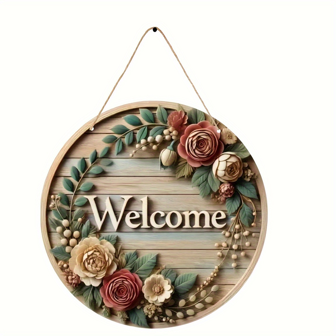 

1pc Round Vintage Floral Wreath Iron Welcome Sign, Manufactured Wood Transverse Orientation Wall Hanging Decor For Door Porch Without Electricity, Featherless