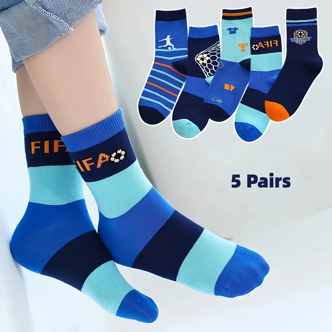 Image of 5 Pairs Kids Socks - Soccer-themed Sports Crew Socks, Soft & Breathable Athletic Socks For School And Outdoor Activities