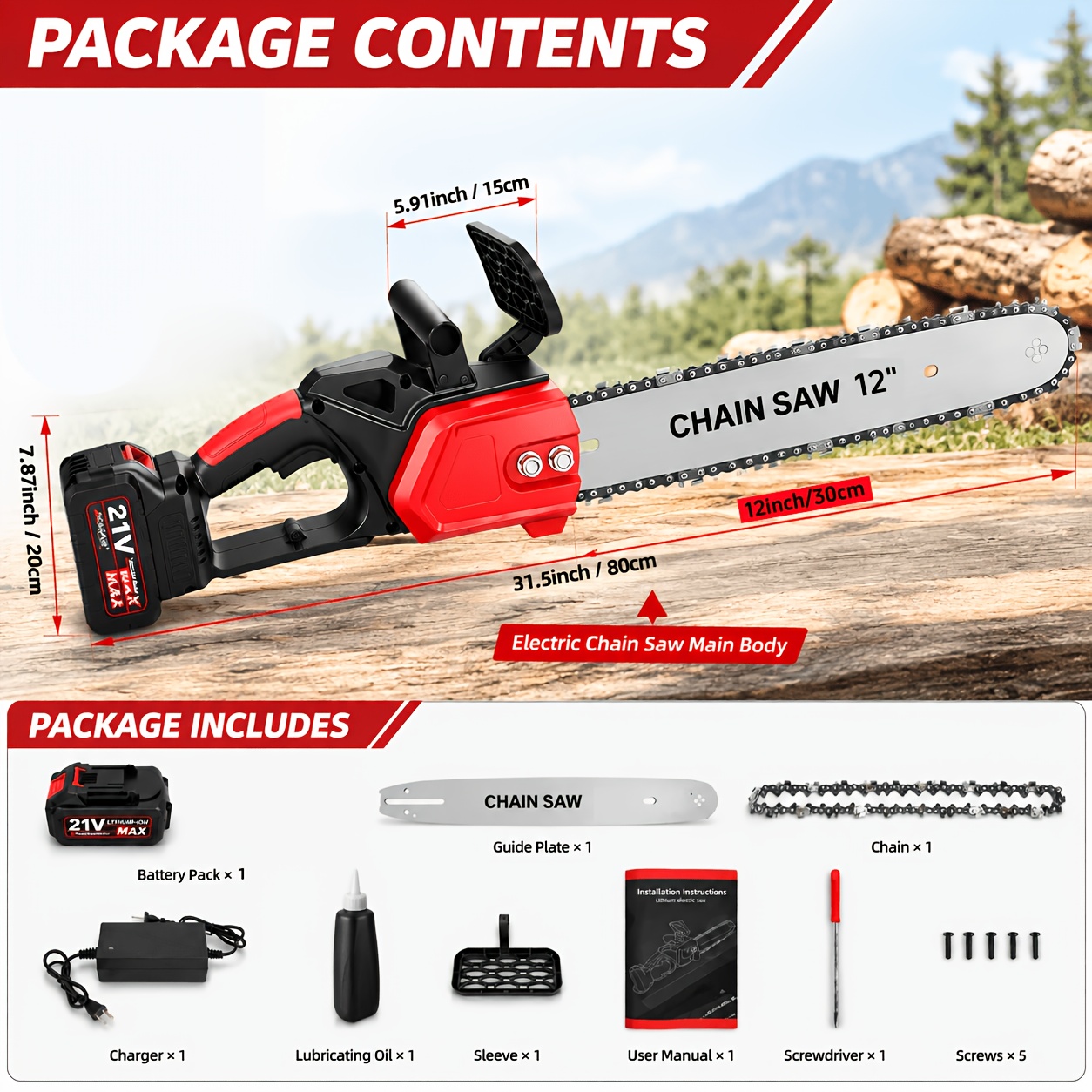 TEMU Cordless Brushless Chainsaw 16/12 Inch, 1200w Powerful . 38m/ Speed, 2 Batteries 60-90 Min , Electric Handheld Saw With 3 Chains, For Cutting