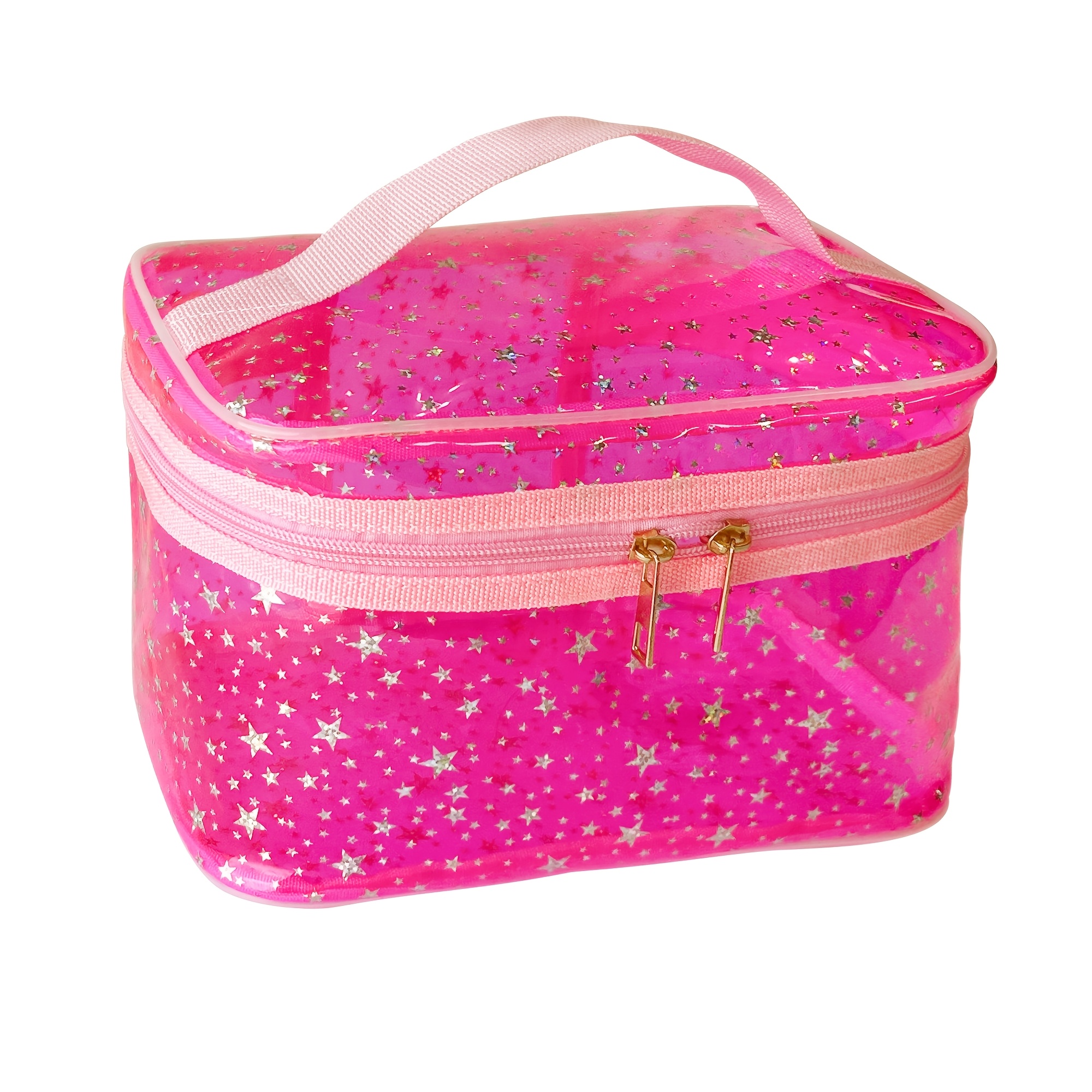 TEMU Clear Pvc Cosmetic Bag, Waterproof Portable Travel Toiletry Bag With Handle Double Golden Zippers For Skincare Makeup Storage