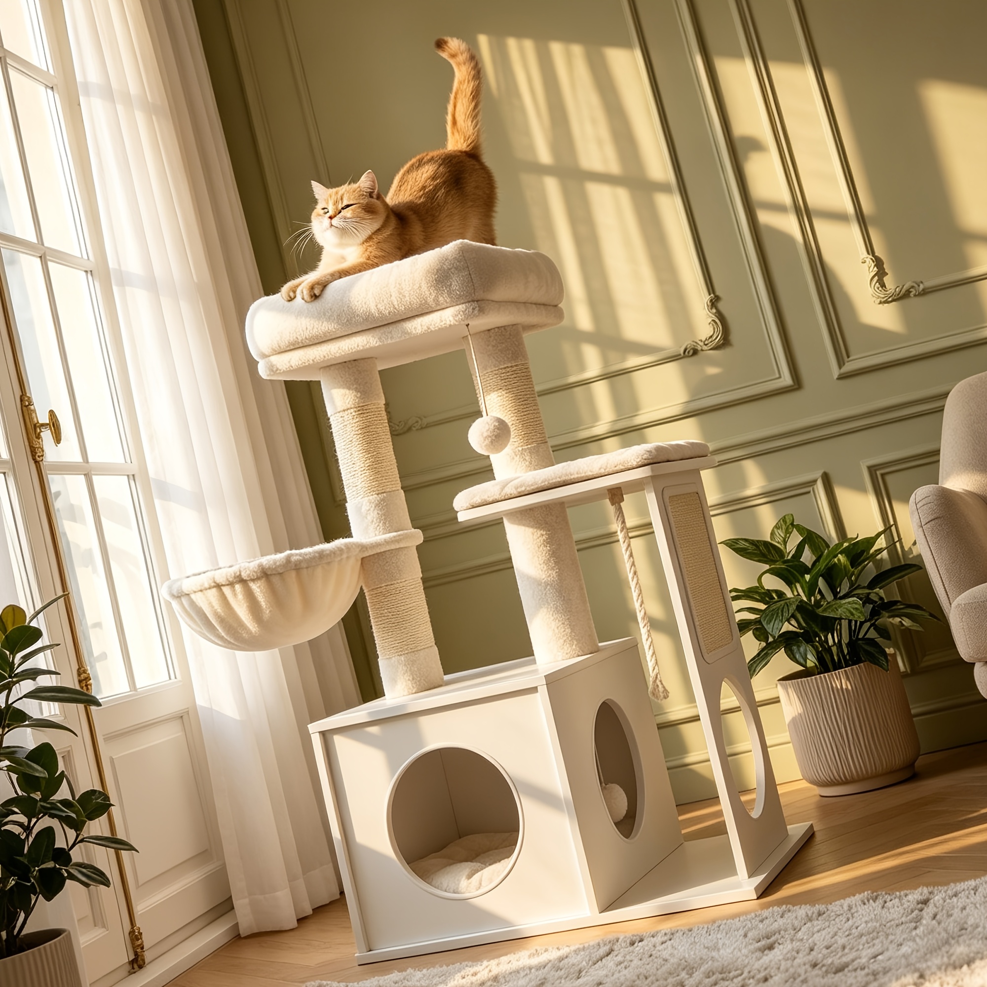 Image of 87cm Wooden Cat , 3 Sisal Posts, 1 Cat Bed, 2 Large 40 X 30cm Platforms, 1 Cat Basket, Plush Ball, Sisal Rope, Comfortable Cushion, Small Size To Fit Environments