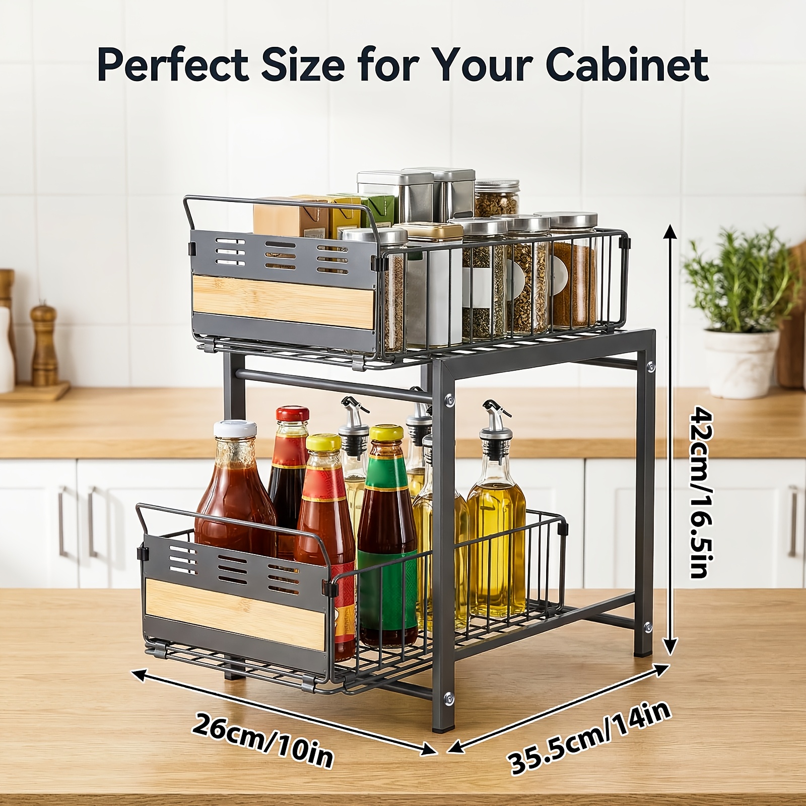 TEMU 1pc Under-sink Pull-out Storage Rack, Carbon Steel Kitchen Organizer For Dishware And Condiments, Adjustable Layered Drawer Design With Wire