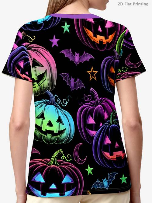 a stylish halloween v neck womens printed nursing uniform featuring vibrant jack o lantern prints dark fluorescent bats and stars this womens is comfortable and breathable with a dual making it versatile for home