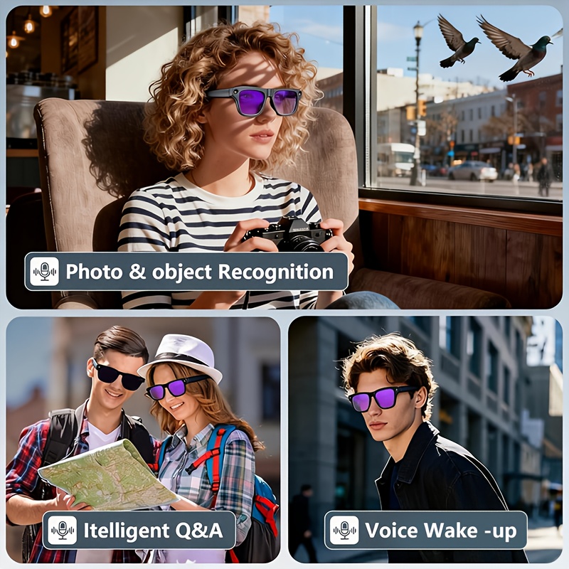 Smart AI Recognition Glasses with Built-In Camera, Clear Photo Capture, Wireless Hands-Free Music And Calls, UV Protection Shades, Comes with Interchangeable Spare Lenses