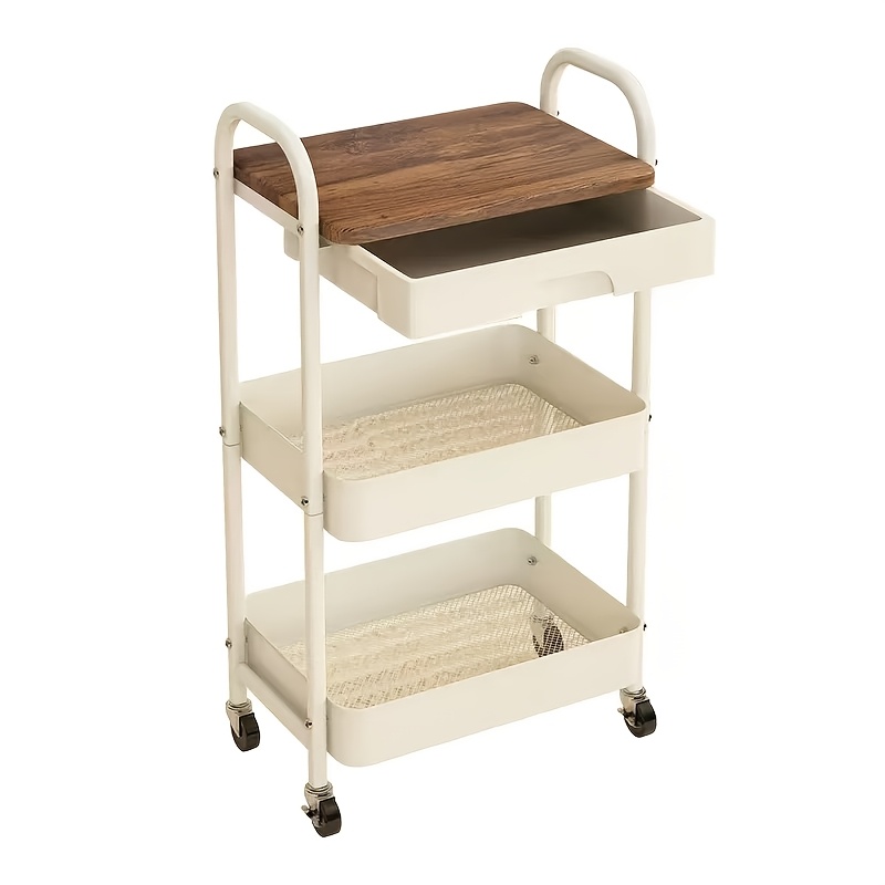 3-tier Utility Rolling Cart With Drawer, Metal Storage Cart With Handle, Trolley Kitchen Organizer Rolling Desk With Locking Wheels For Office, Classroom, Home, Bedroom, Standing Shelf, Standing Shelf