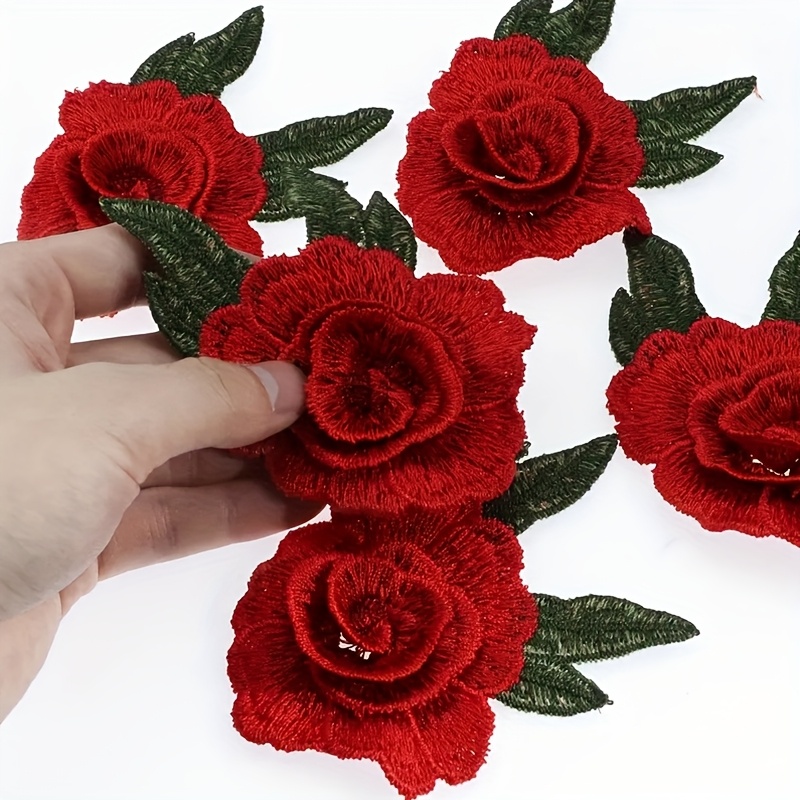 TEMU parches bordados rojos solubles en agua con diseños de flores