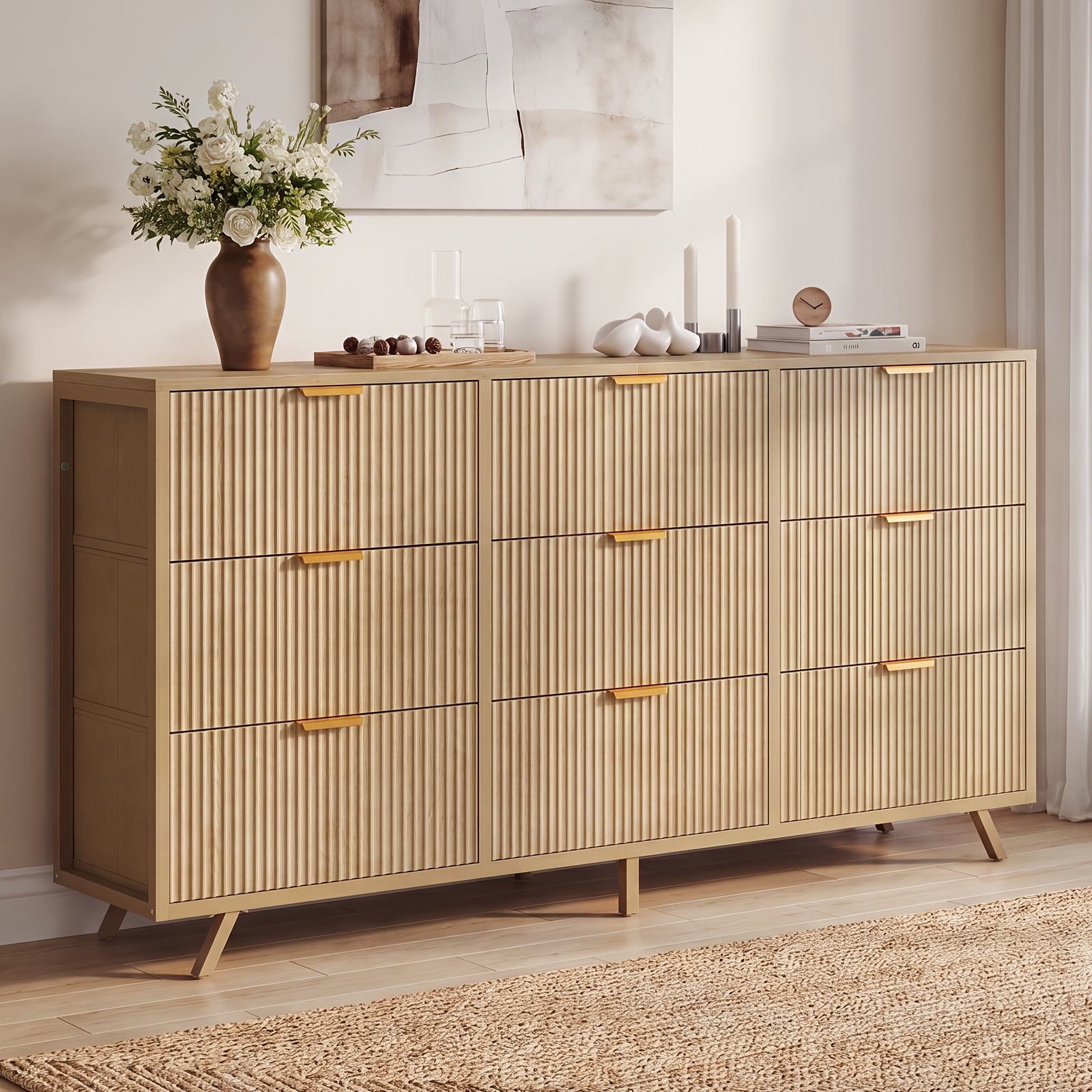 modern fluted wood office chest with 9 drawers metal handles storage dresser filing organizer for home office wide chest of drawers