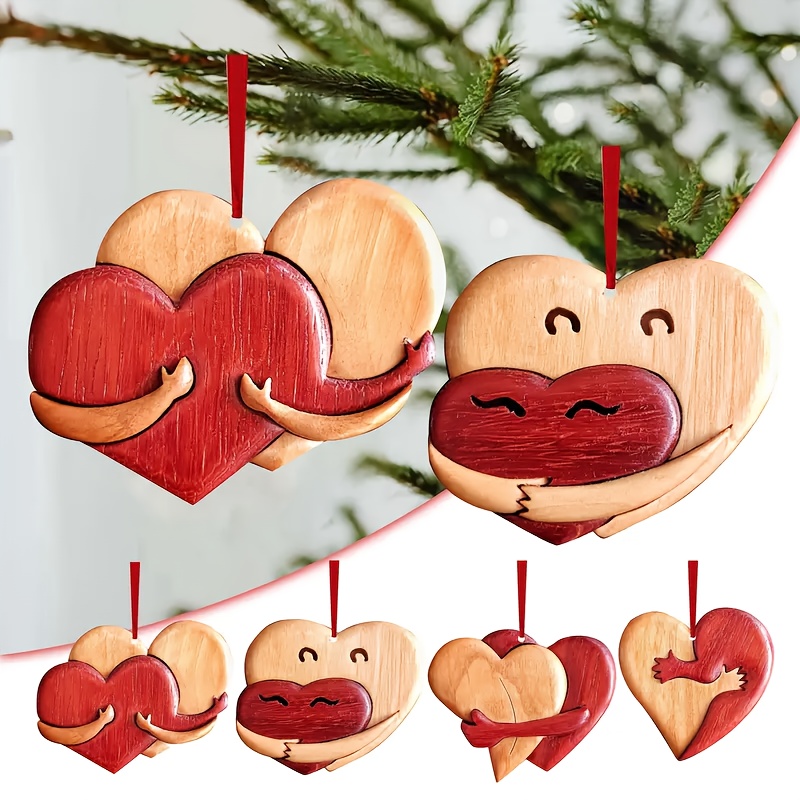Image of 4pcs Valentine's Day Heart-shaped Ornament Set 4pcs - Wooden Love Hanging Ornaments, Suitable For Decoration, Perfect Gift And Lovers