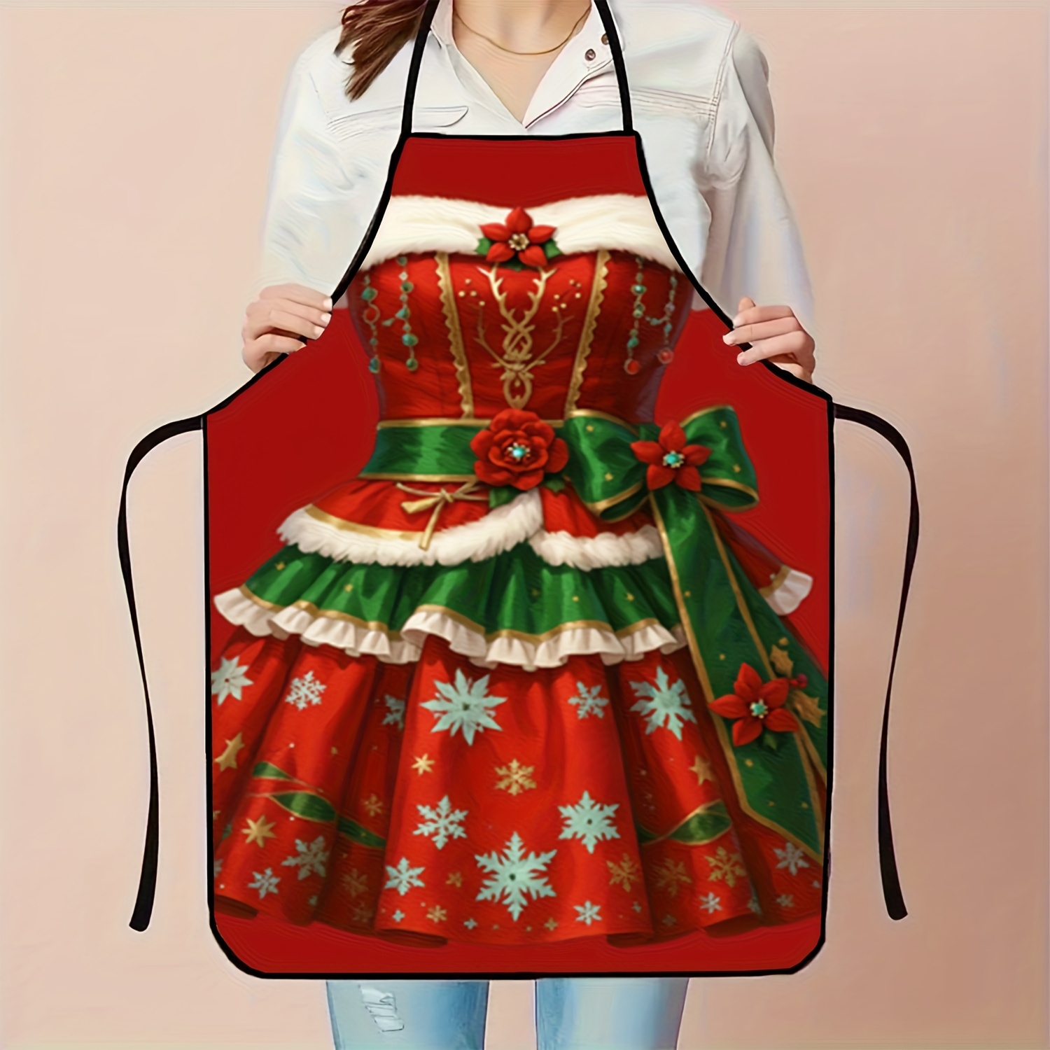 TEMU 1pc Christmas Holiday Apron - Red And Green Festive Kitchen Apron With Snowflake Pattern, Suitable For Baking, Cooking, Christmas Parties -