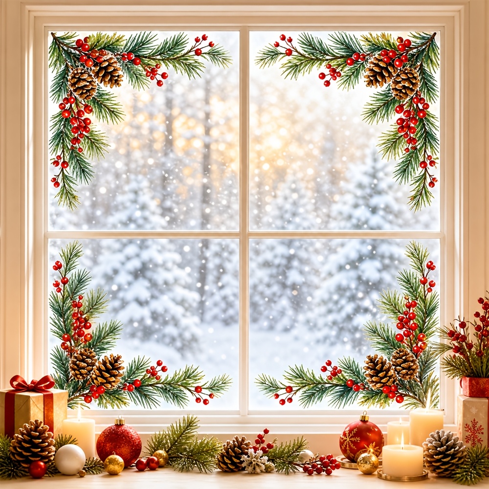 TEMU 1 adesivo per finestra con cornice a forma di pino, rosse e rami di , 1 pz, per Natale, con bordi a forma di pigna e , rimovibile, per di negozi