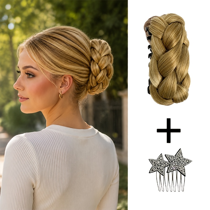 TEMU 2pcs Braided Wig Bun Hair Claw Clip Set, Star Hair Comb, Lazy Fluffy Updo Hair Accessories For Women Daily Wedding Hairstyle