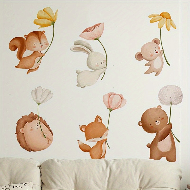 Image of Small Animal Flower Parachute Removable Self-adhesive Pvc Wall Sticker For Bedroom, Living Room, And Entryway Home Decor