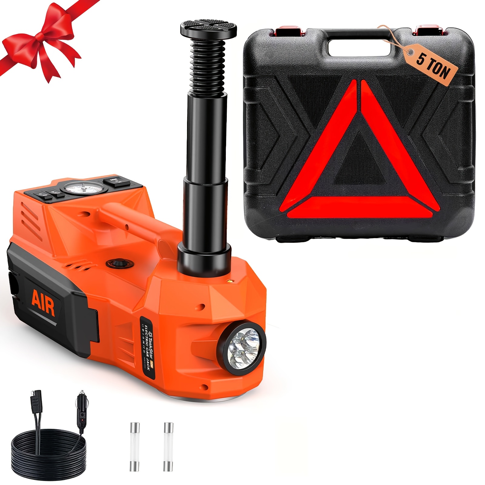 E-shop 12V 5T Elektrischer Hydraulikwagenheber und 11-teiliges Reifenreparatur-Set Combo mit Reifenfüller und LED-Licht | 15,5- Heberbereich |