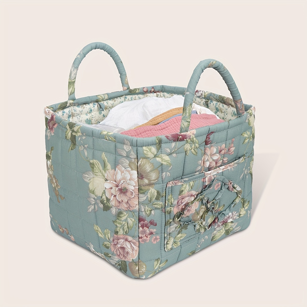 

Large Capacity Rustic Floral Fabric Diaper Basket With Quilted Lining And Toy Storage - Polyester, Freestanding Design With Handles