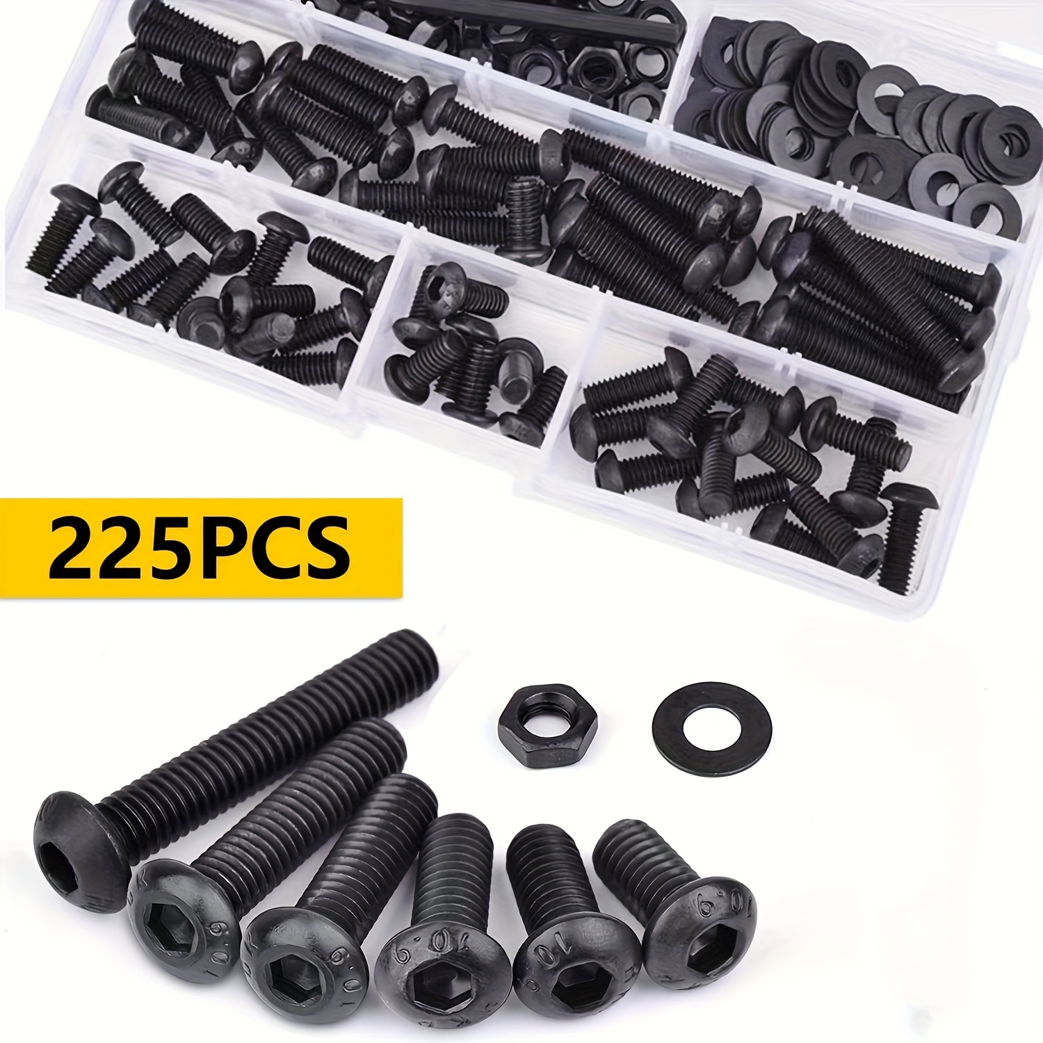 225pcs Metric M6 Hex Socket, Cylinder Head Screw Nut Washer Combination Kit, High Hardness Grade 10.9 Alloy Black Oxide, Fully Threaded Bolts