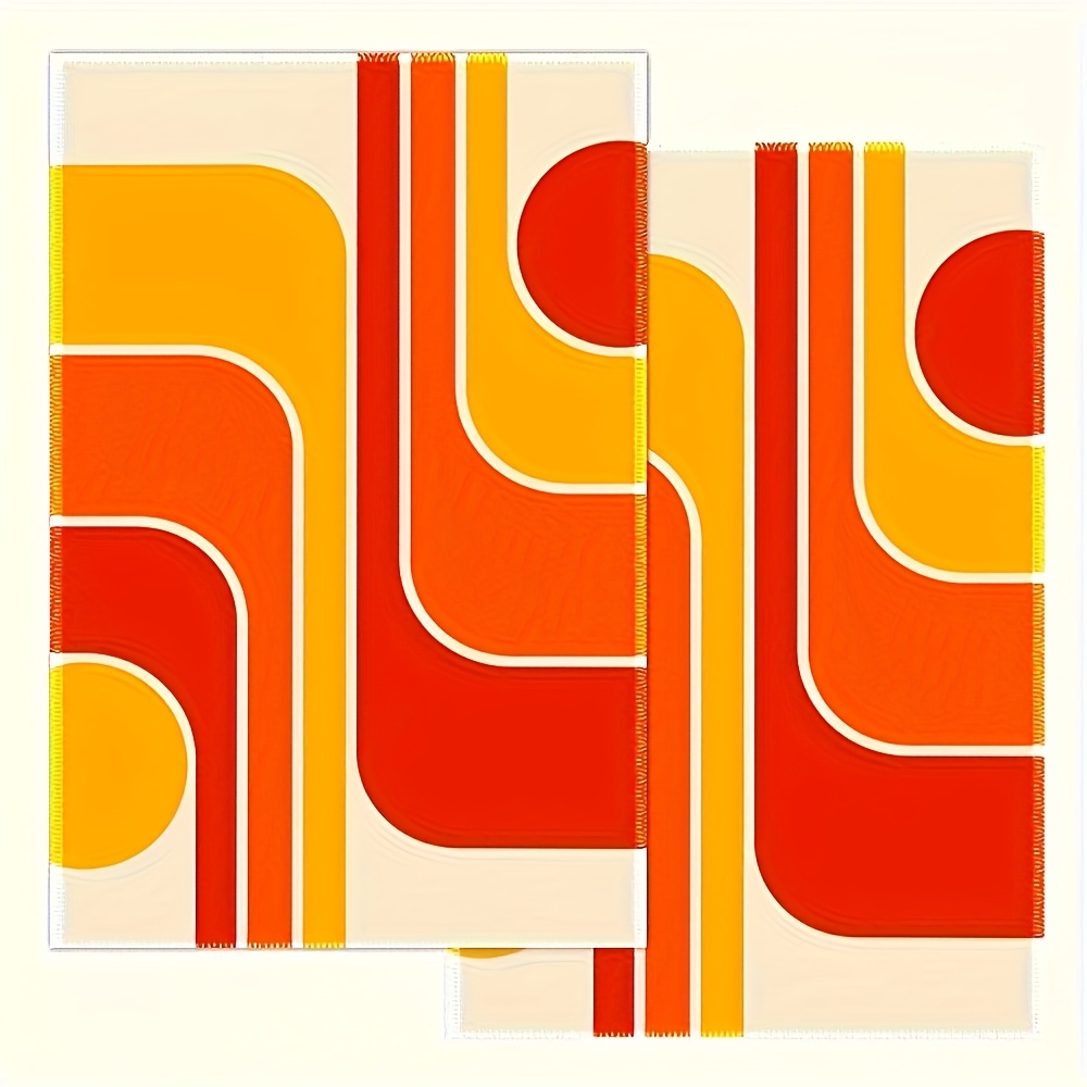 TEMU 2pcs Vintage Geometric Kitchen Towels, Absorbent And Quick-drying, With Vibrant Red, Orange, Yellow, And Beige Striped Design, Towels, Suitable