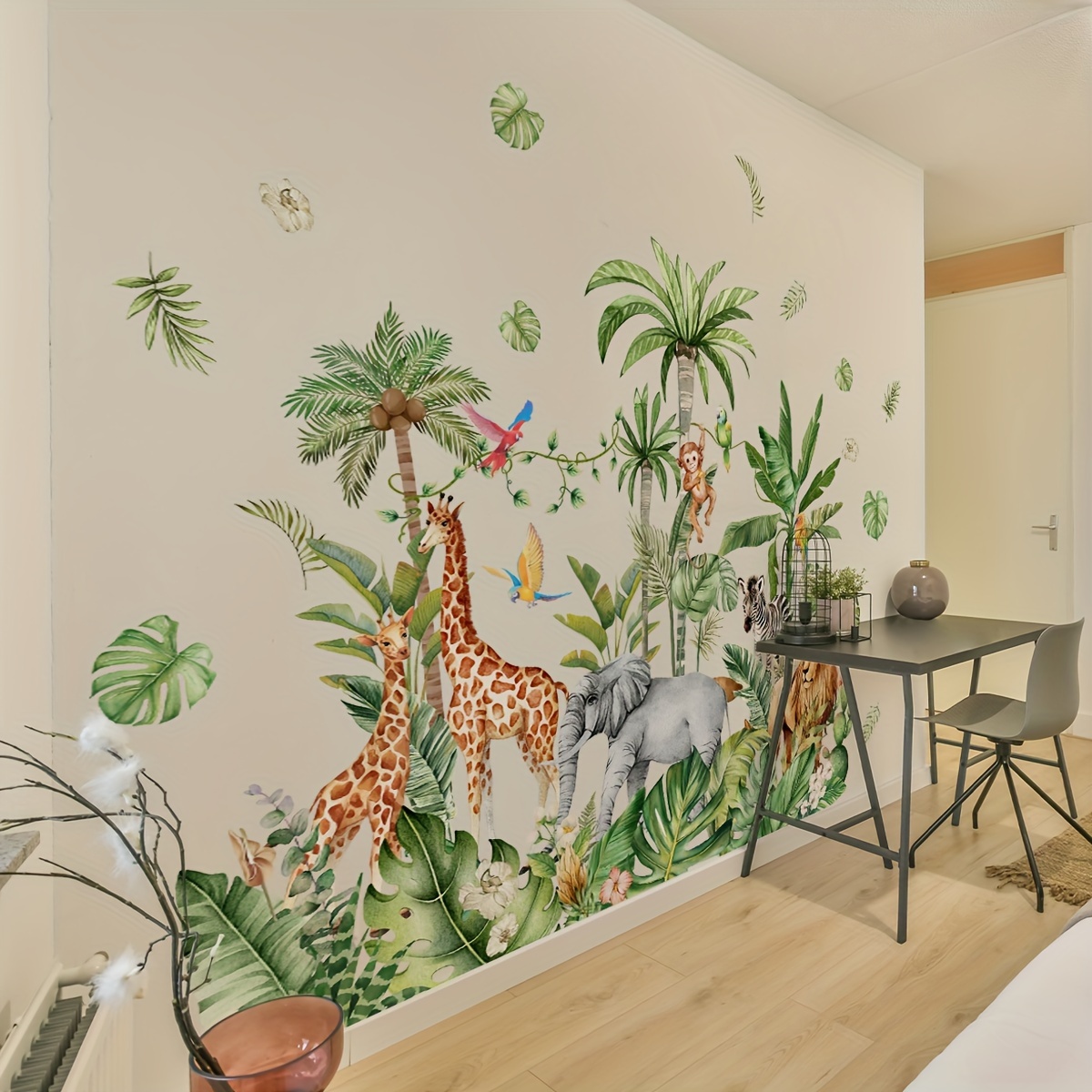 

Jungle Animal Wall Stickers Set: 4 Pieces Of 90cm X 35.43inch Stickers Featuring Giraffes, Elephants, , And More, Perfect For Your Home Decor