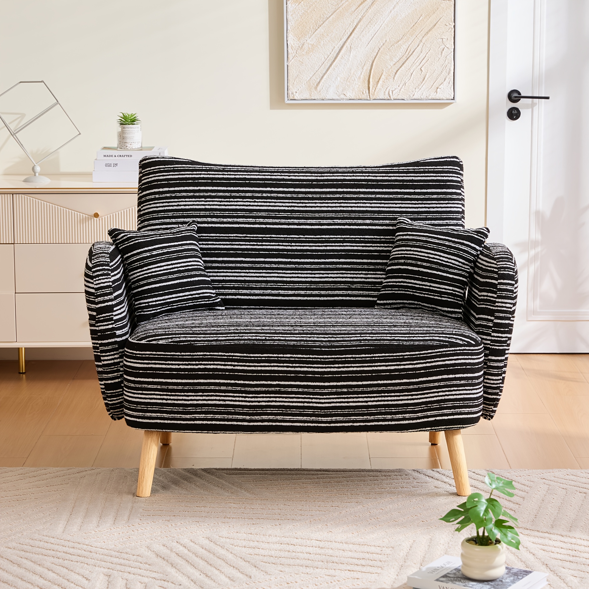 Large Size Loveseat, Sofa With Side Storage Pockets And 2 Throw Pillows, Suitable For Bedroom And Living Room