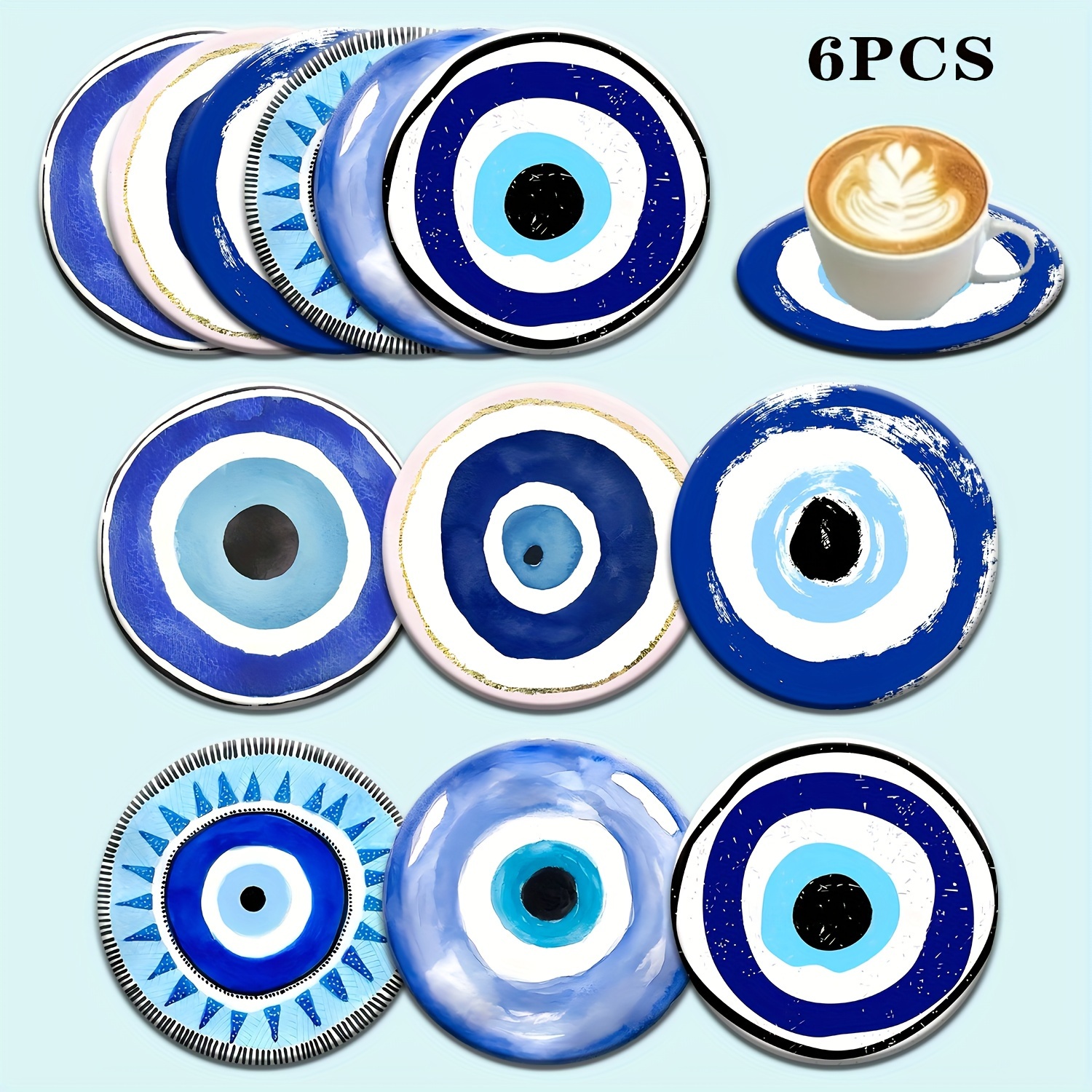 

6pcs Eyes Coaster Set - Round Wooden Drink Mats For Home & Parties, Heat-resistant & Non-slip, Perfect Gift For Holidays & Special Occasions