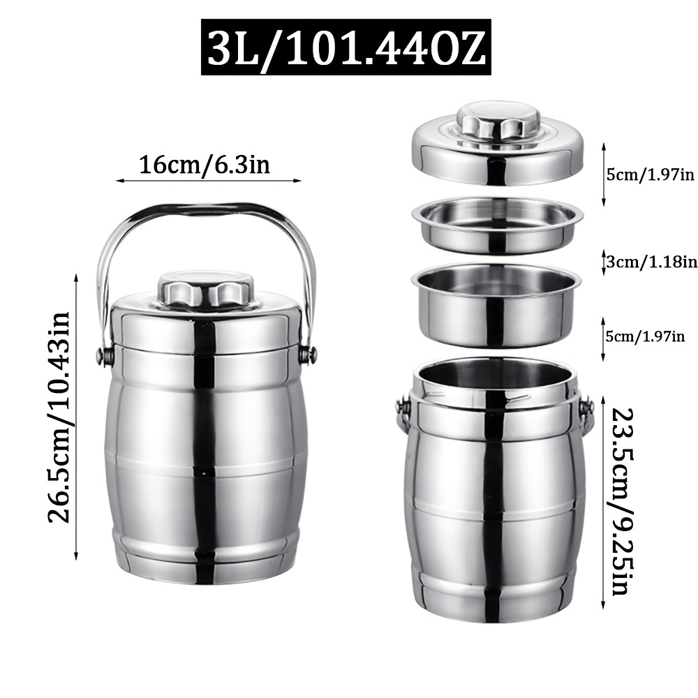 Image of 3l Stainless Steel Insulated Lunch Box With Carrying Handle, Triple-layer Insulation, Large Capacity Thermal Bucket For Students And Office Workers To Carry Meals