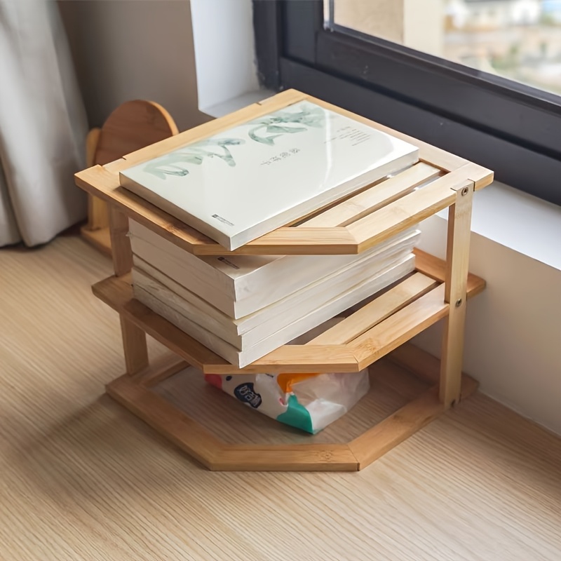 2 tier bamboo desktop organizer shelf for office supplies kitchen spices and home decor multi layer storage rack with natural     cosmetics jars and small items office accessory holder triangular shape design polished   drawer organizer details 0