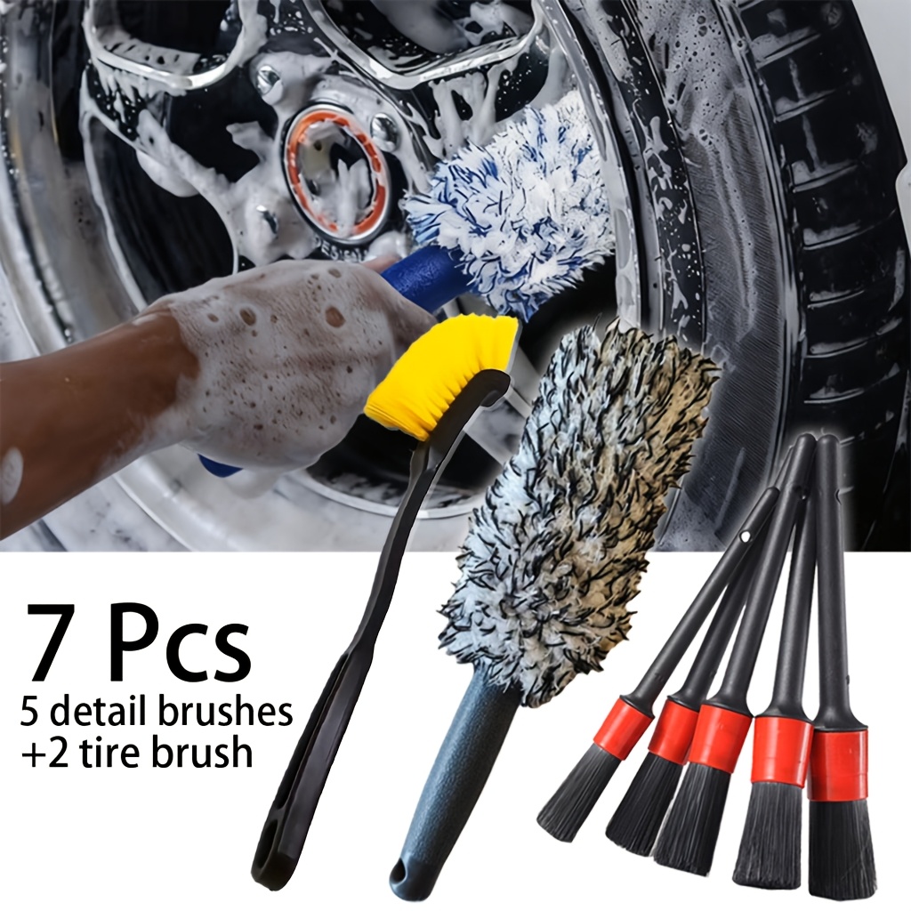 TEMU 7pcs Set, 5pcs Detail Brushes And 2pcs Tire Brushes, Wheel Deep Cleaning Brushes, Soft Bristles Protect Vehicle Surface From Scratches, Car Wash
