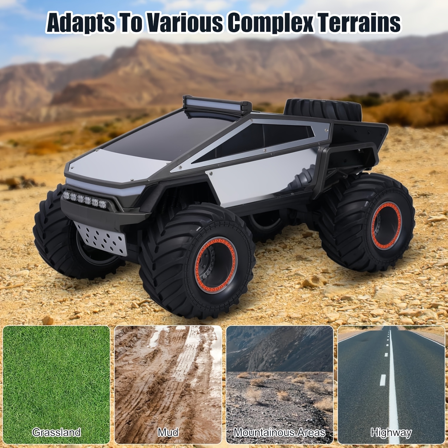 Remote Control Monster Truck Toy with USB/Battery Powered LED Lights, Realistic Engine Sounds, Off-Road Truck, All-Terrain Vehicle, Compatible with Gaming Controllers - Birthday/Christmas Gift for Boys & Girls Ages 3+ (Durable Construction), Toycar