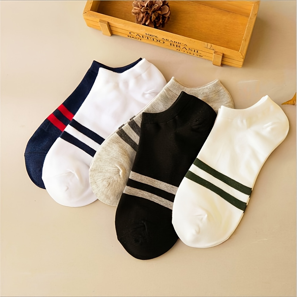 

5 Pairs Of Men's Striped No Show Socks, Solid Colour Comfy Breathable Casual Soft & Elastic Socks, Spring & Summer